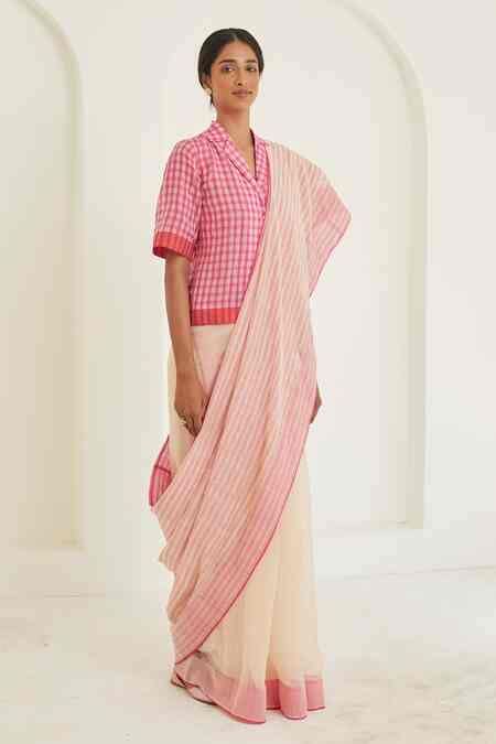 Buy Pink Handloom Cotton, Silk Nostalgia Stripe Pattern Saree For Women ...