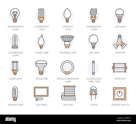 Light bulbs flat line icons. Led lamps types, fluorescent, filament ...