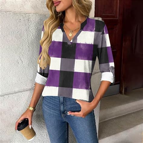 Blmnix Travel Women Shirts Dressy Casual Novelty Western Plaid Purple ...