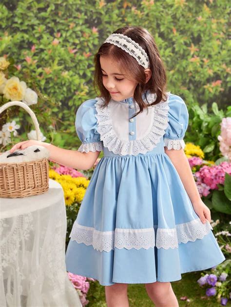 SHEIN Young Girl's Plain Woven Lace Ruffle Hem Tight Fit Dress for Sale ...