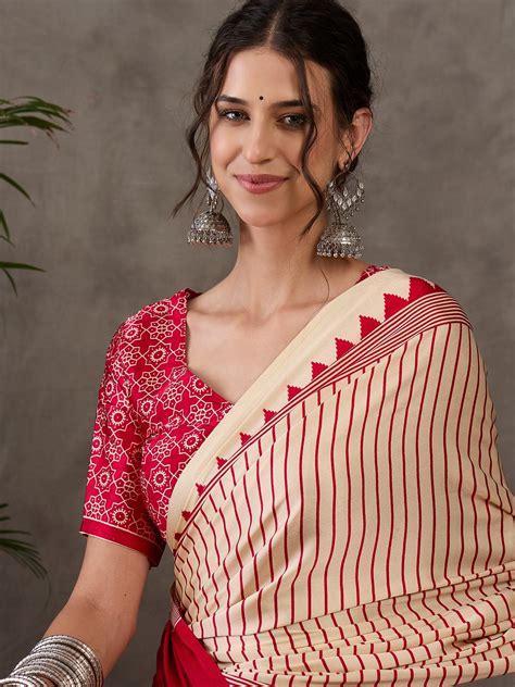 Buy Cream Semi Modal Saree With Blouse Piece 93456 Online | Karagiri
