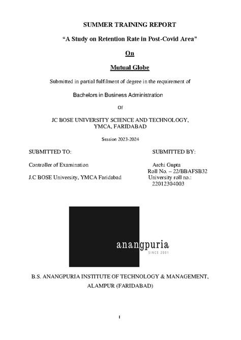 Internship report-1 - SUMMER TRAINING REPORT “A Study on Retention Rate ...