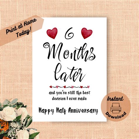 Printable 6 Month Anniversary Card, Instant Download, Print at Home ...