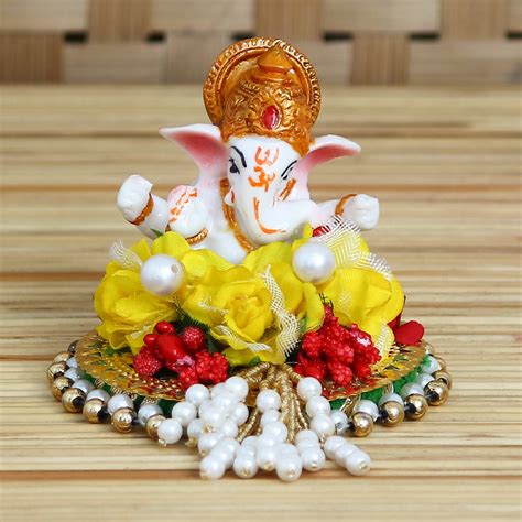 Lord Ganesha Idol on Decorative Handcrafted Plate with Colorful Flowers ...