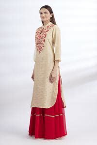 Buy Beige Chanderi, Chiffon, Georgette Mandarin Collar Kurta And Skirt ...