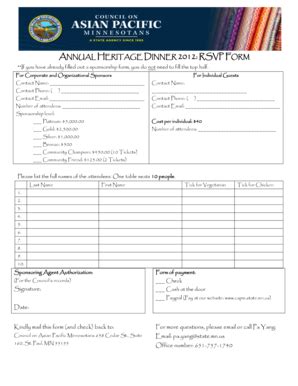 Fillable Online ANNUAL HERITAGE DINNER 2012 RSVP FORM Fax Email Print ...