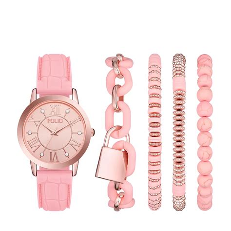 Folio Women's Rose Gold Tone Silicone Strap Watch & Bracelet Set