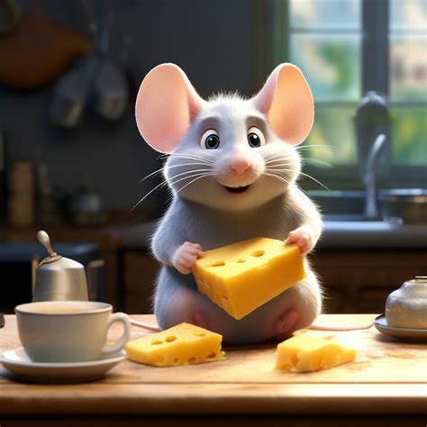 Pixar, a chubby mouse in the kitchen thoughtfully bites a piece of ...