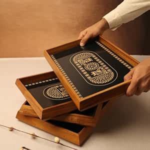 bambaiSe Teak Wood King Queen Rectangle Shaped Mandala Art Serving Tray ...