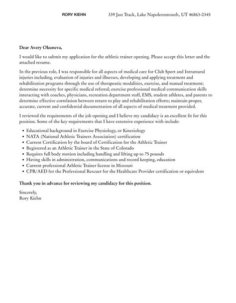 Athletic Trainer Cover Letter | Velvet Jobs