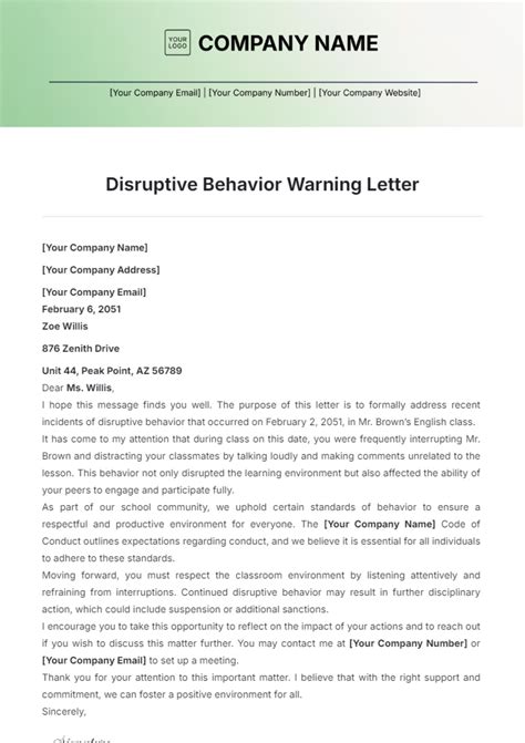 Free Disruptive Behavior Warning Letter Template to Edit Online
