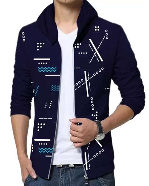 Men Printed Hooded Jacket / Navy Blue