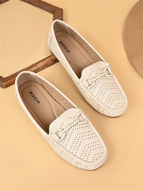 Shop Rocia By Regal Cream Women Laser Cut Buckled Loafers Online