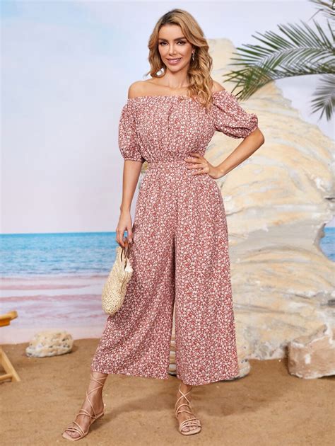 SHEIN Ditsy Floral Off Shoulder Puff Sleeve Wide Leg Jumpsuit | SHEIN USA