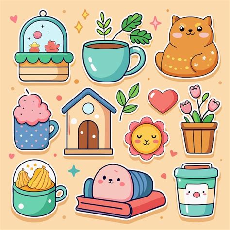 Cute stickers with animals flowers and food | Premium Vector