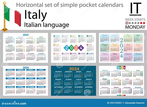 Italian Horizontal Set of Pocket Calendar for 2024. Week Starts Monday ...