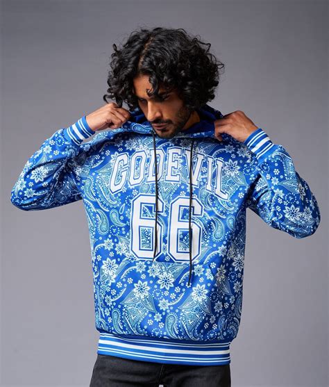 Go Devil 66 Paisely Design Printed Blue Hoodie for Men - Go Devil