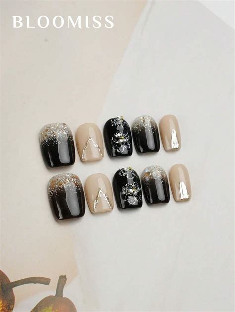 10pcs Handmade Press-On Nails With Black Flower Design, Short Style ...