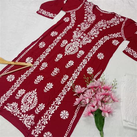 Premium Modal Silk Chikankari Kurti - Red Color – Chikankaar