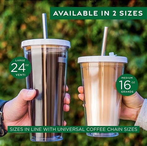 24 Oz Reusable Iced Coffee Cup with Leak Proof Double Wall Insulation - Includes Plastic & Metal ...