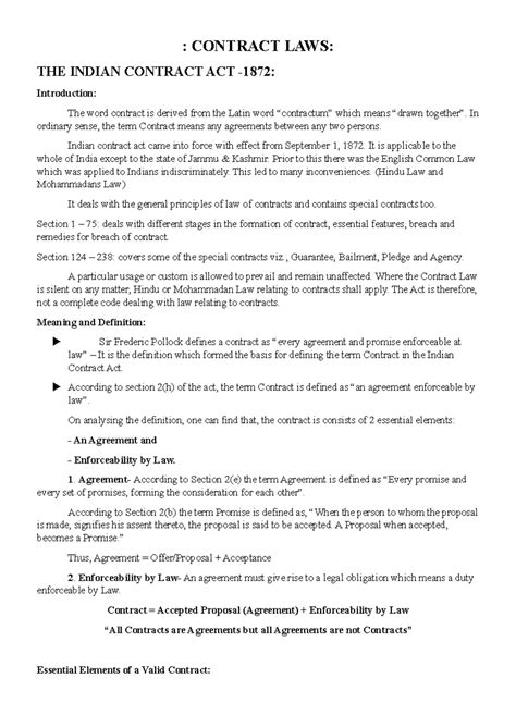 Contract LAWS Notes - : CONTRACT LAWS: THE INDIAN CONTRACT ACT - 1872 ...
