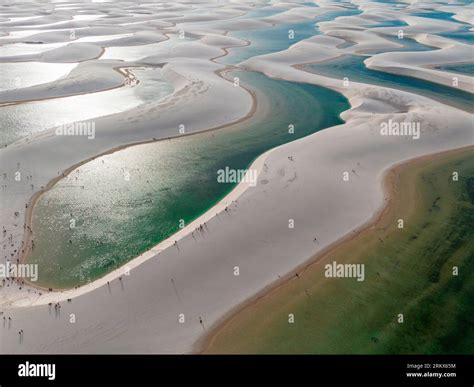 Aerial view of Lencois Maranhenses. White sand dunes with pools of ...