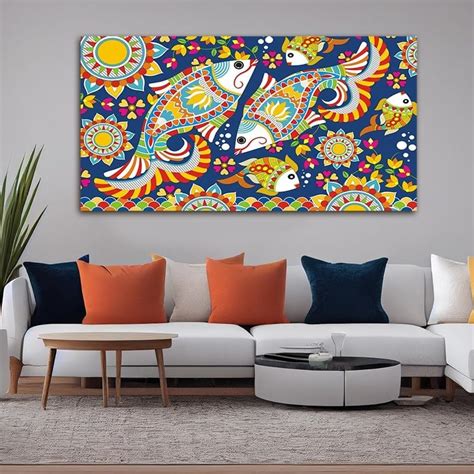 The Seven Colours Beautiful Madhubani Fish Art Painting Canvas Abstract ...