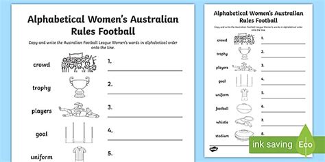 Women's Australian Rules Football Alphabet Ordering Worksheet
