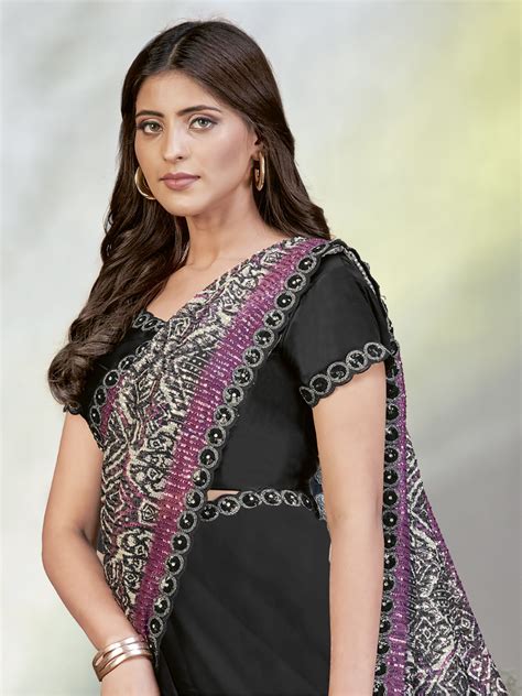 Shop Black Sequins Work Satin Ready To Wear Saree From Ethnic Plus
