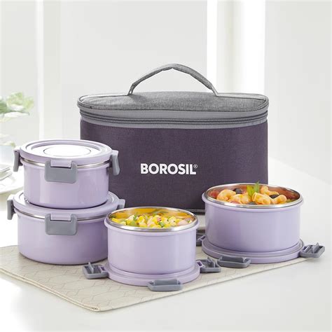 Buy Borosil Glory Lavender Stainless Steel Lunchbox with Bag | 4 pcs ...