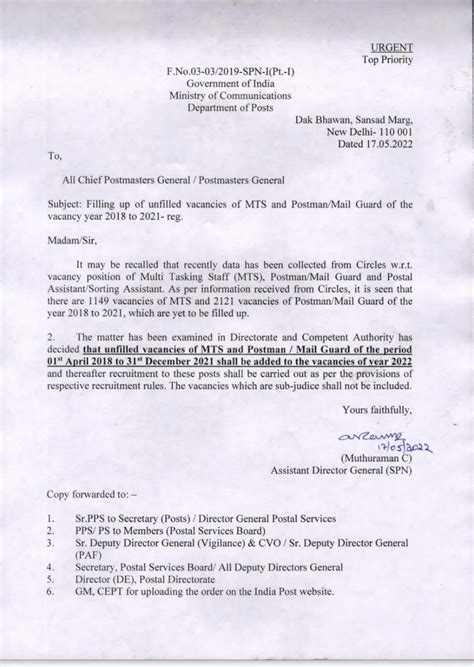 Filling up of unfilled vacancies of MTS and Postman/Mail Guard of the ...