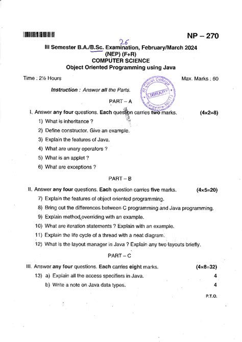 Object Oriented Programming (Java) - B.Sc. 1st Sem Exam Feb/Mar 2024 ...
