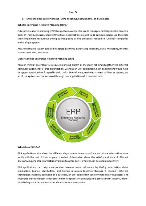 IBS - Unit 5 - Notes - Unit 5 Enterprise Resource Planning (ERP ...
