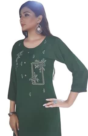 Buy Women Rayon Embroidered Straight Kurti Mehndi (Bottle Green) in ...