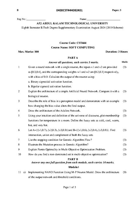 Eighth Semester B.Tech SOFT COMPUTING Question Paper - Aug 2024 Exam ...