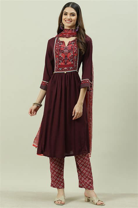 Burgundy Rayon A-Line Kurta Slim Pant Suit Set at Biba India