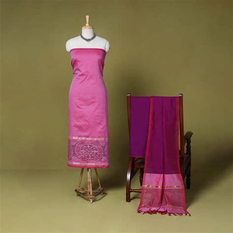 Pink 3pc Handloom Silk Cotton Unstitched Pochampally Ikat Dress Material