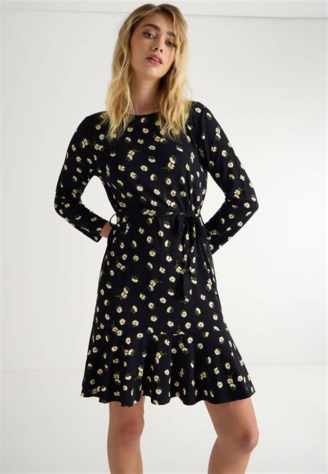 Womens Black Daisy Belted Jersey Dress | Peacocks