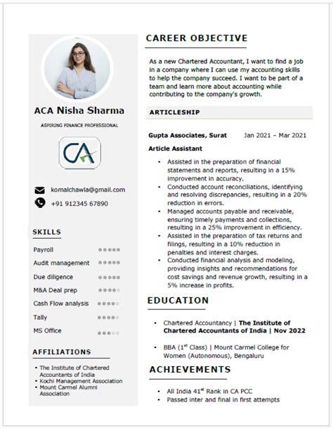 Chartered Accountancy - ca-icwa-articleship-resume-template