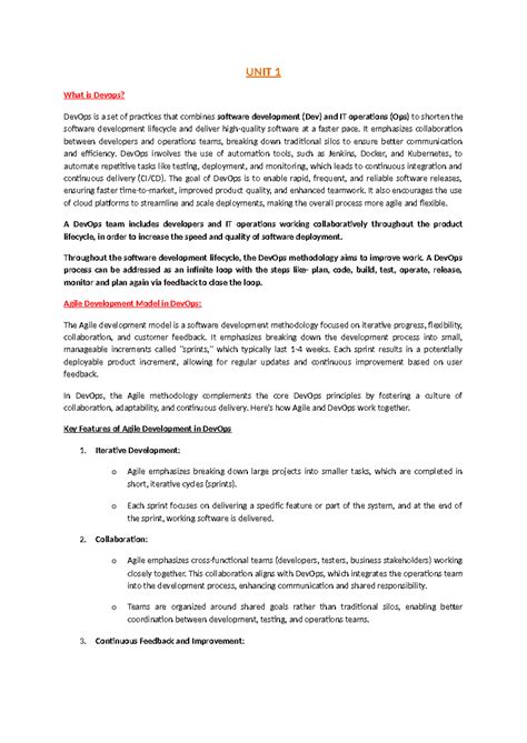 Dev Ops Notes UNIT 1 - UNIT 1 What is Devops? DevOps is a set of ...