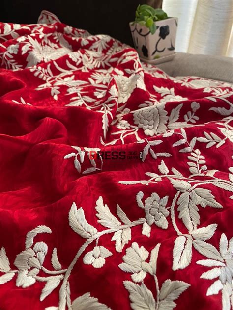 Pre Order Ivory & Red Parsi Gara Saree - Self Design Pure Crepe Silk ...