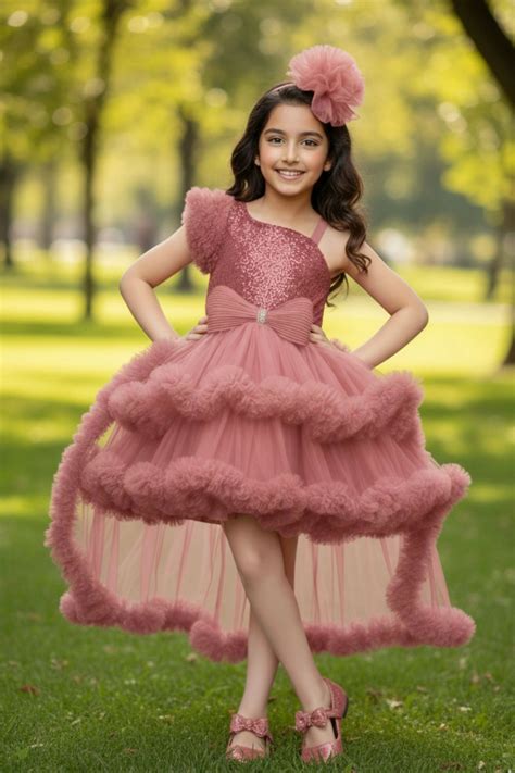 Dusty Pink Sequin High-Low Party Dress with Layered Ruffle Hem For Gir ...
