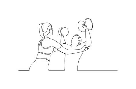 Kontinuierliche Strichzeichnung einer Frau, die Gewichte hebt, isoliert ...