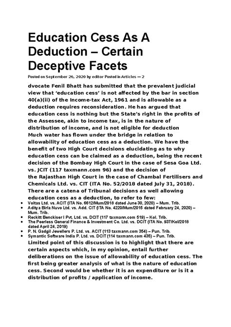 Education cess as a deduction: Analyzing judicial perspectives - Studocu