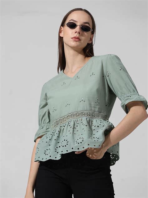 Green Schiffli Peplum Top