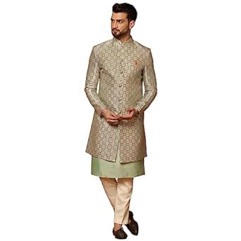 Buy KISAH Men's Grey Indo-Western Kurta Sherwani Trousers Set Cotton ...