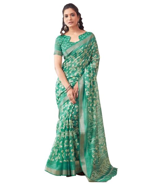 Buy SIRIL Women's Cotton Printed Zari Stripe Saree With Unstitched ...
