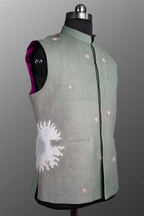 Pastel Turquoise Embellished Nehru Jacket – Airavata Weaves and Textiles