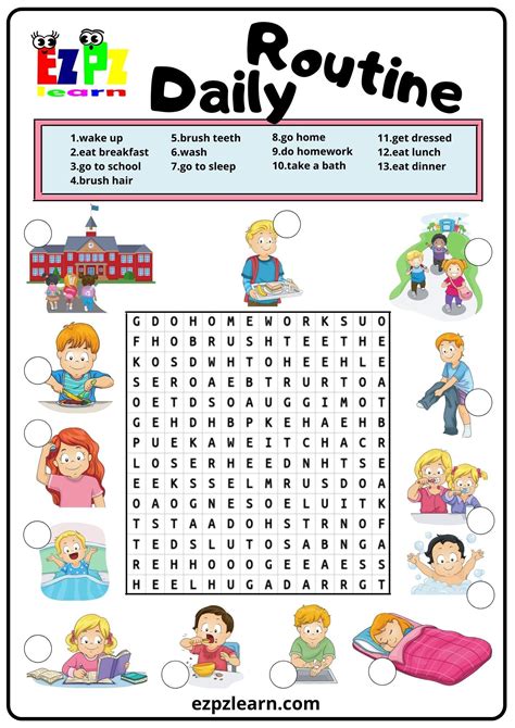 Daily Routine Word Search 2 - Ezpzlearn.com | Word puzzles for kids, Free time activities ...