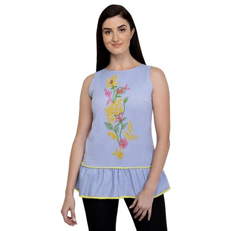 Embroidered Denim Peplum Top – #ASHTAG